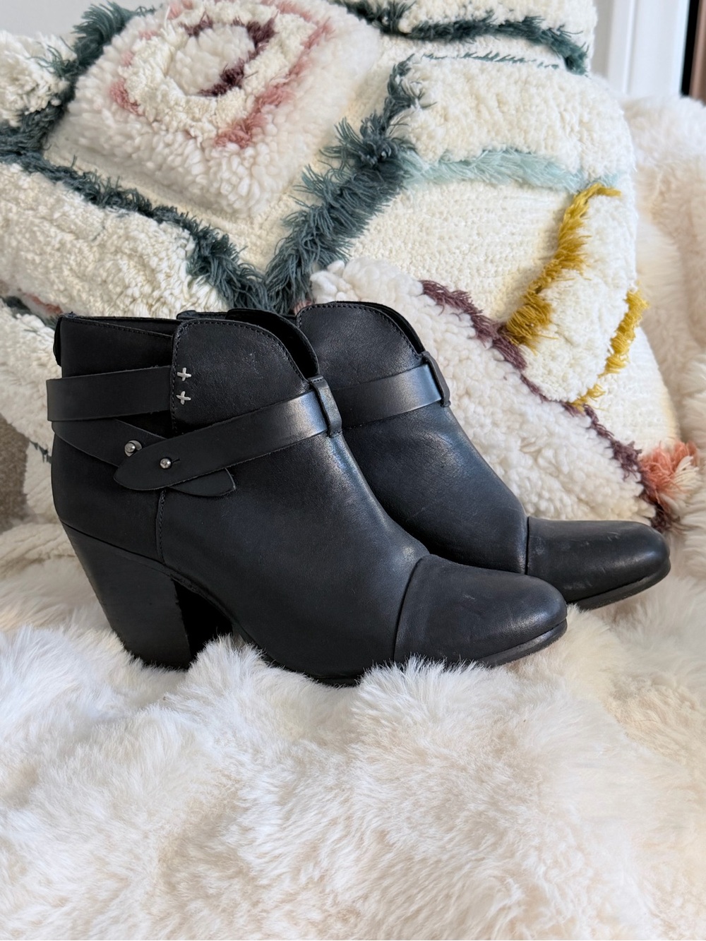 rag & bone Black Leather Ankle Booties with Wrap Strap
